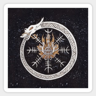 Loki Fire Aspect in the Circle of Jormungandr and the Helm of Awe. Victory and Sacrifice Symbols Sticker